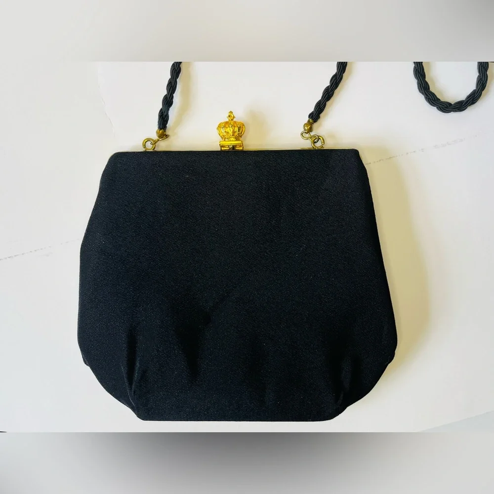 Black canvas purse with gold crown detail 80s 90s evening bag